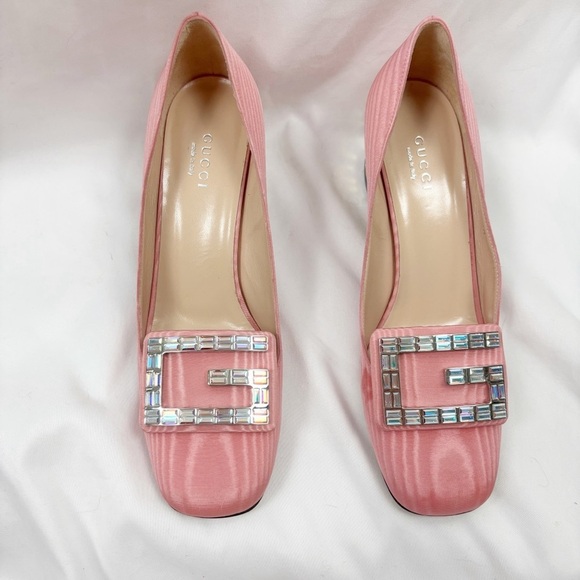 Gucci Madelyn Silk Moire Crystal G Block Heel Pump Pink EU 36.5 Designer - Picture 3 of 11